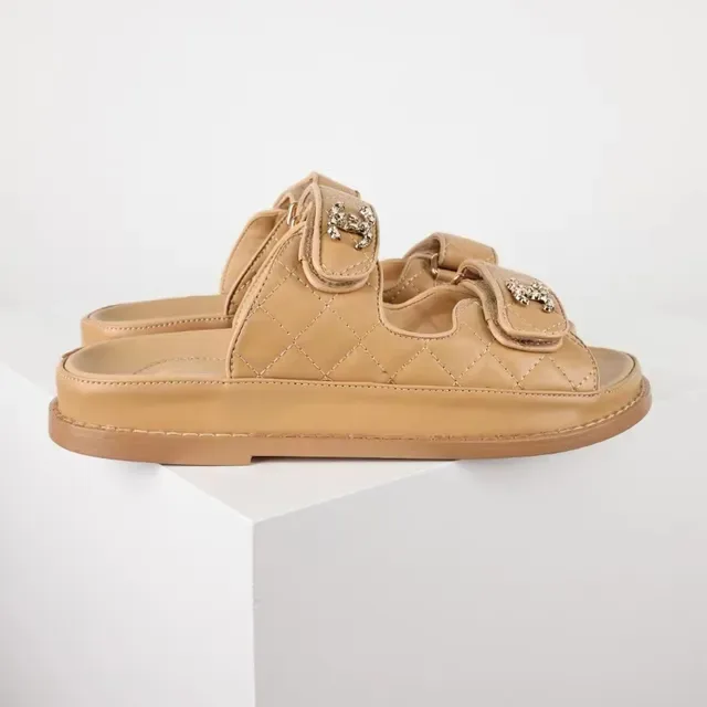 Chanel Beige Quilted Leather Dual-Strap Slippers 8