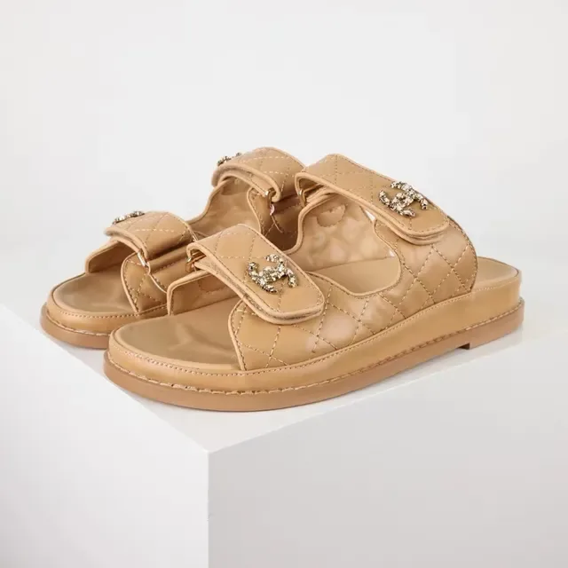 Chanel Beige Quilted Leather Dual-Strap Slippers 9