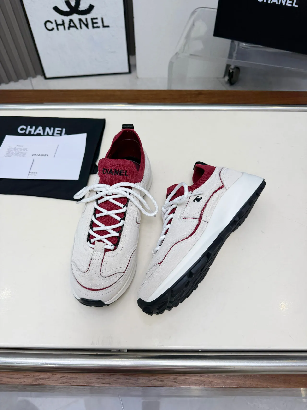 Chanel Beige Red Platform Sole Knit Collar Chunky Sneakers 2