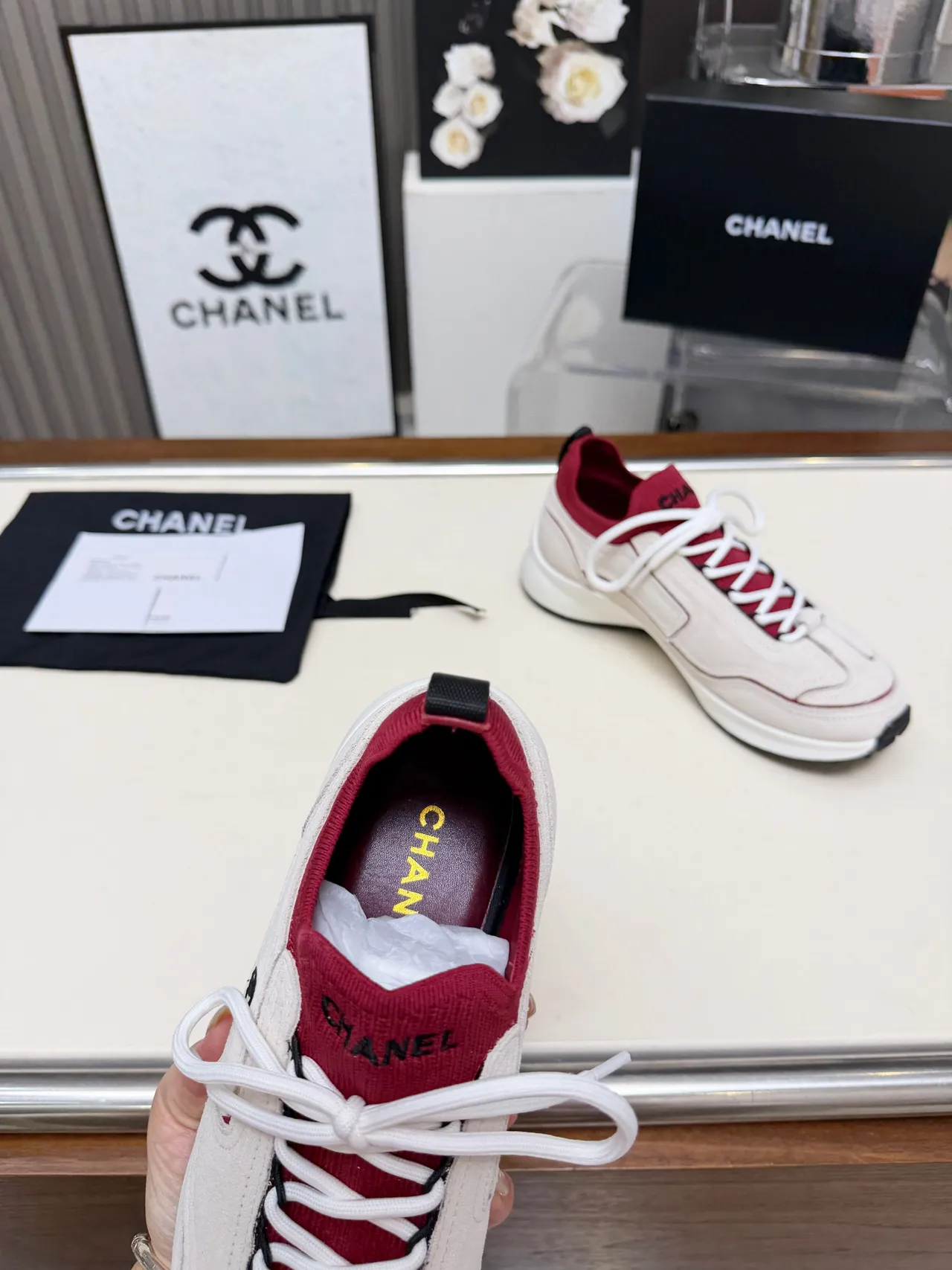 Chanel Beige Red Platform Sole Knit Collar Chunky Sneakers 3
