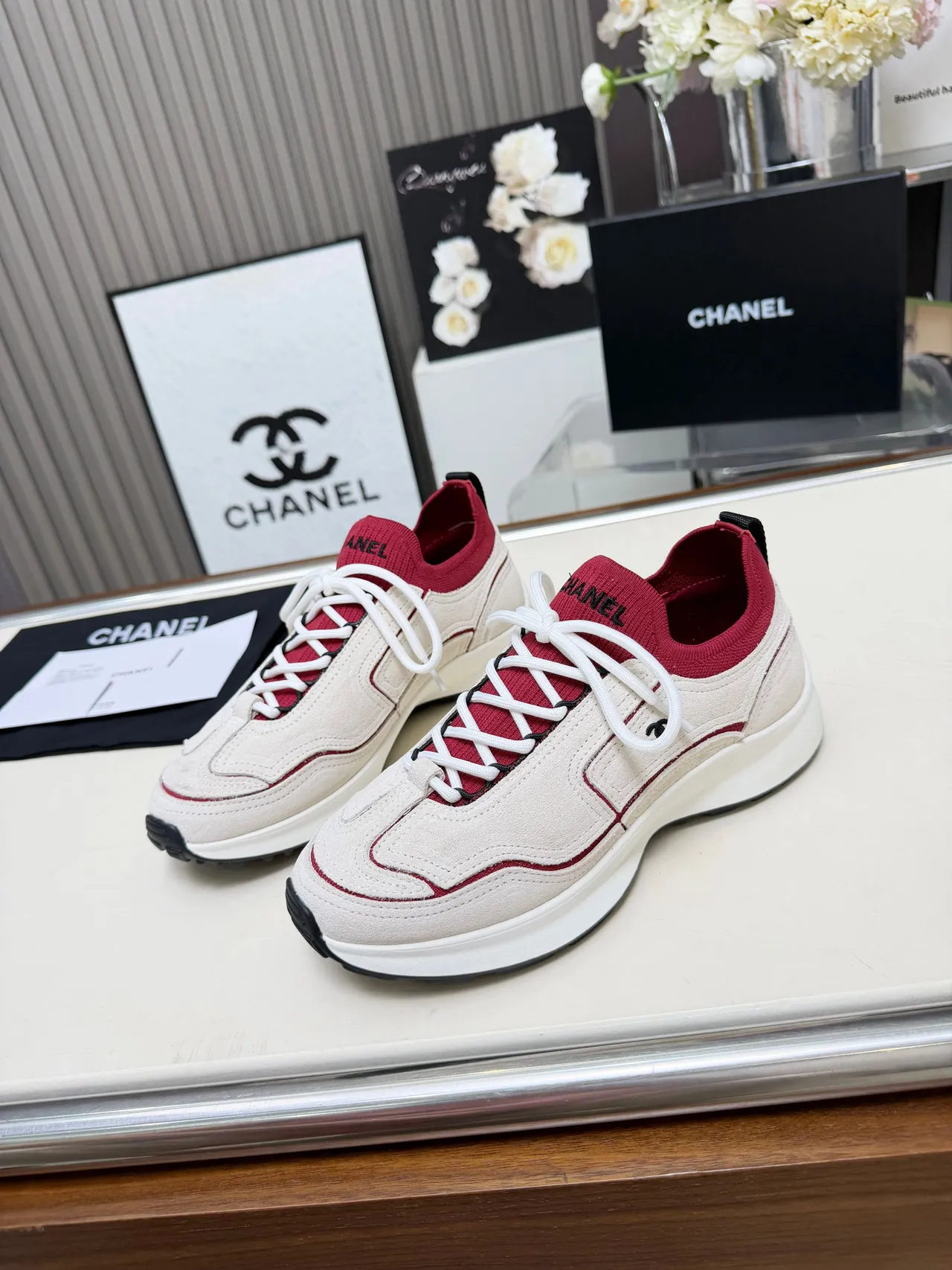 Chanel Beige Red Platform Sole Knit Collar Chunky Sneakers 4