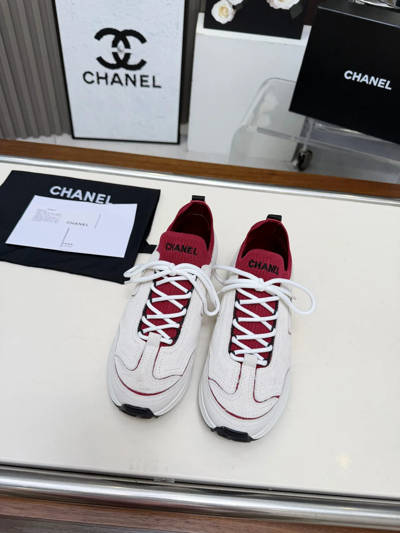 Chanel Beige Red Platform Sole Knit Collar Chunky Sneakers 5