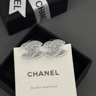 Chanel Bijoux Fantaisie Silver White Crystal-Pavé Interlocking CC Logo Earrings