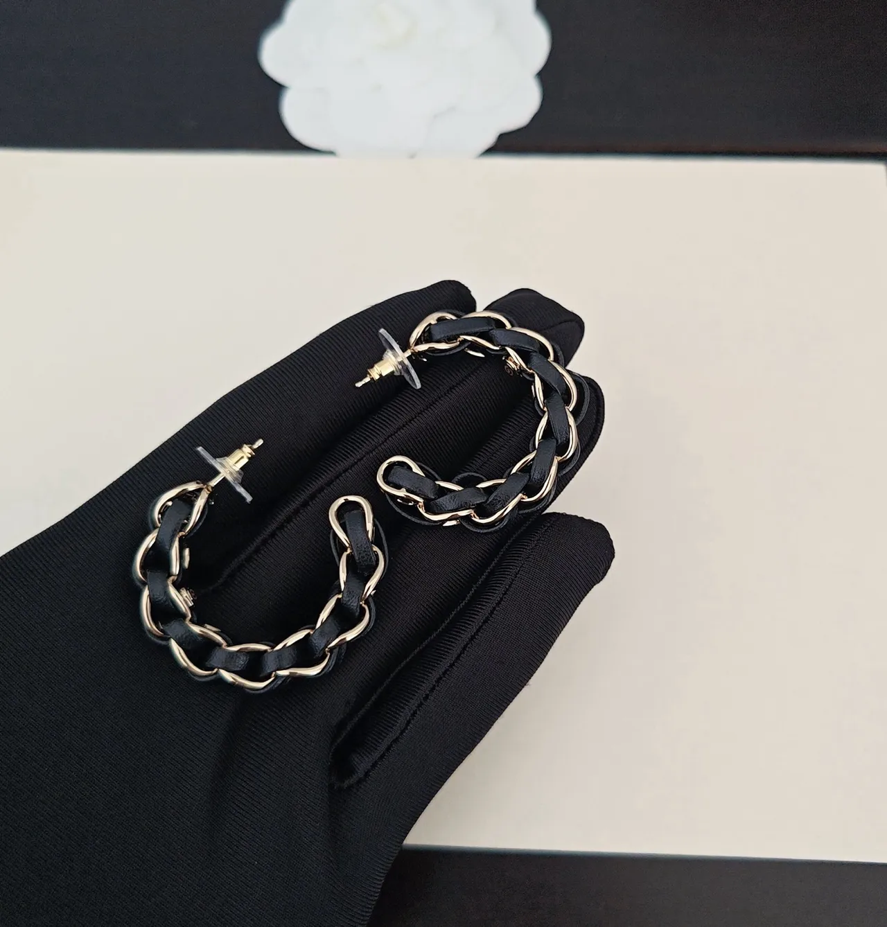 Chanel Black Gold Interwoven Leather And Chain Hoop Earrings 2