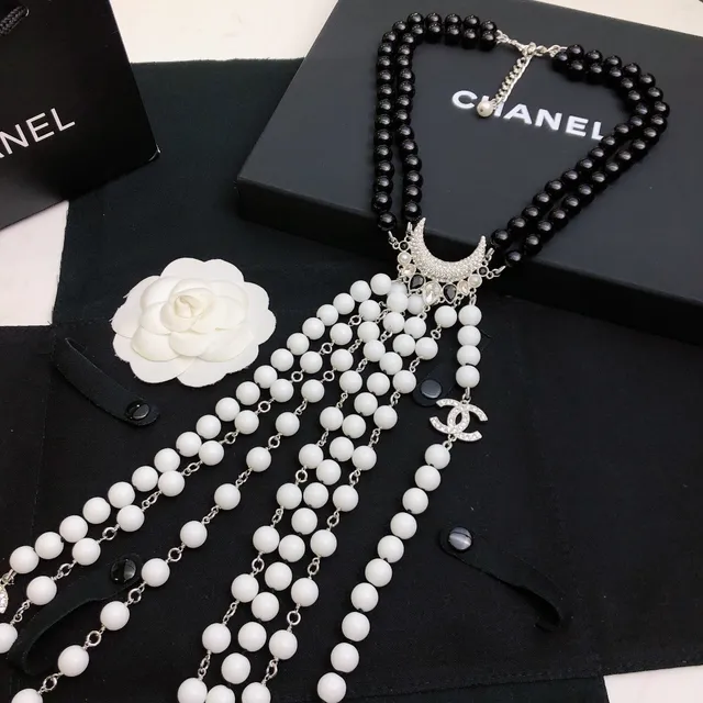 Chanel Black White Multi-Strand Beaded Necklace 7