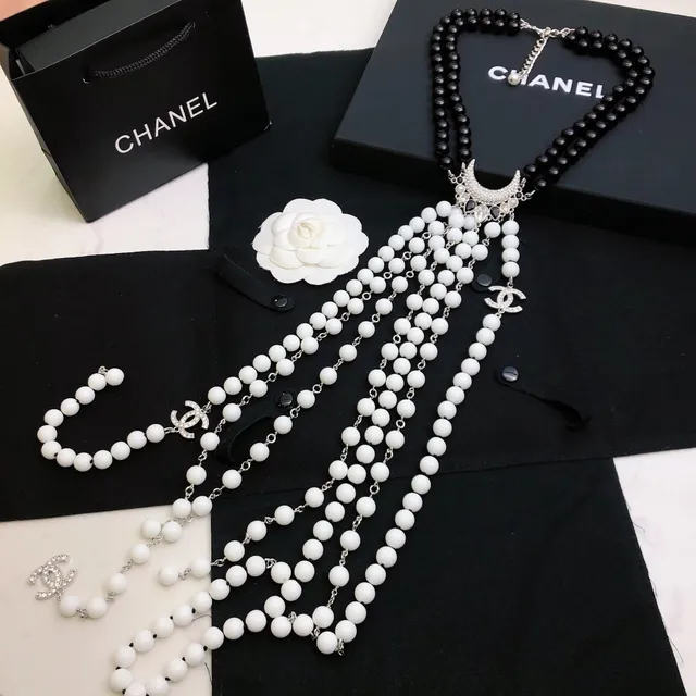 Chanel Black White Multi-Strand Beaded Necklace 8