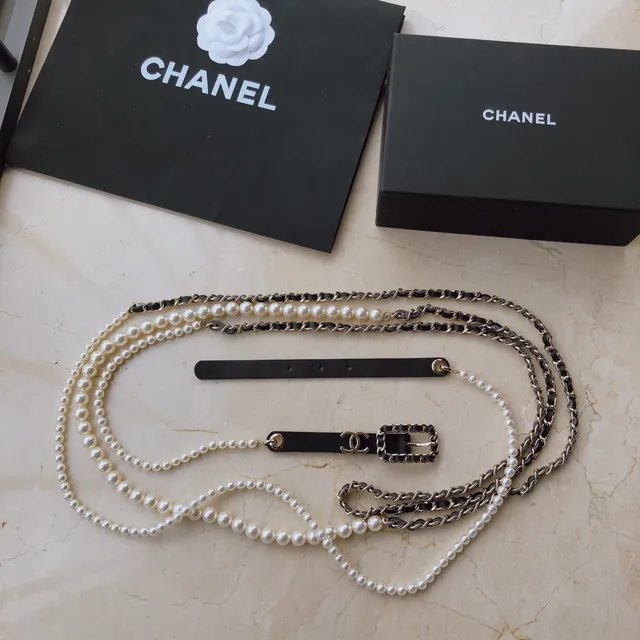Chanel Black White Pearl-Trimmed Chain-Accented Leather Belt 2