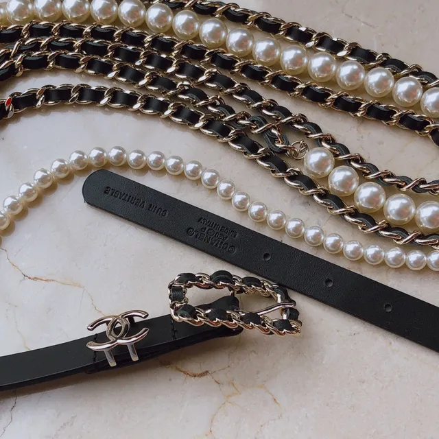 Chanel Black White Pearl-Trimmed Chain-Accented Leather Belt 3