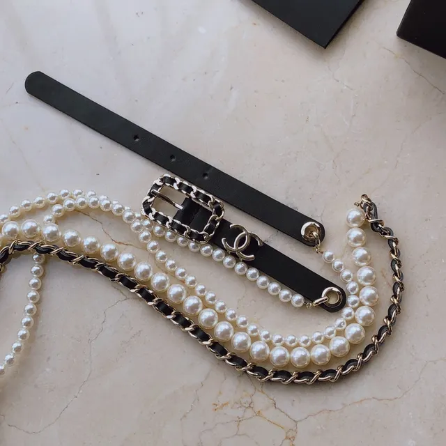 Chanel Black White Pearl-Trimmed Chain-Accented Leather Belt 4