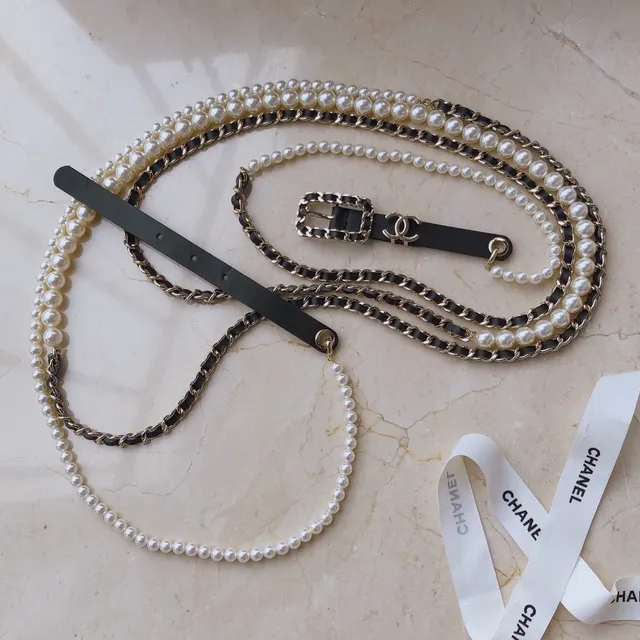 Chanel Black White Pearl-Trimmed Chain-Accented Leather Belt 6