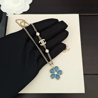 Chanel Blue Gold Curb Chain Pearl Accents Necklace
