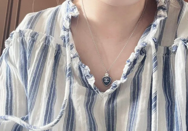 Chanel Blue Silver Heart-Shaped Pendant Enamel Finish Necklace 2