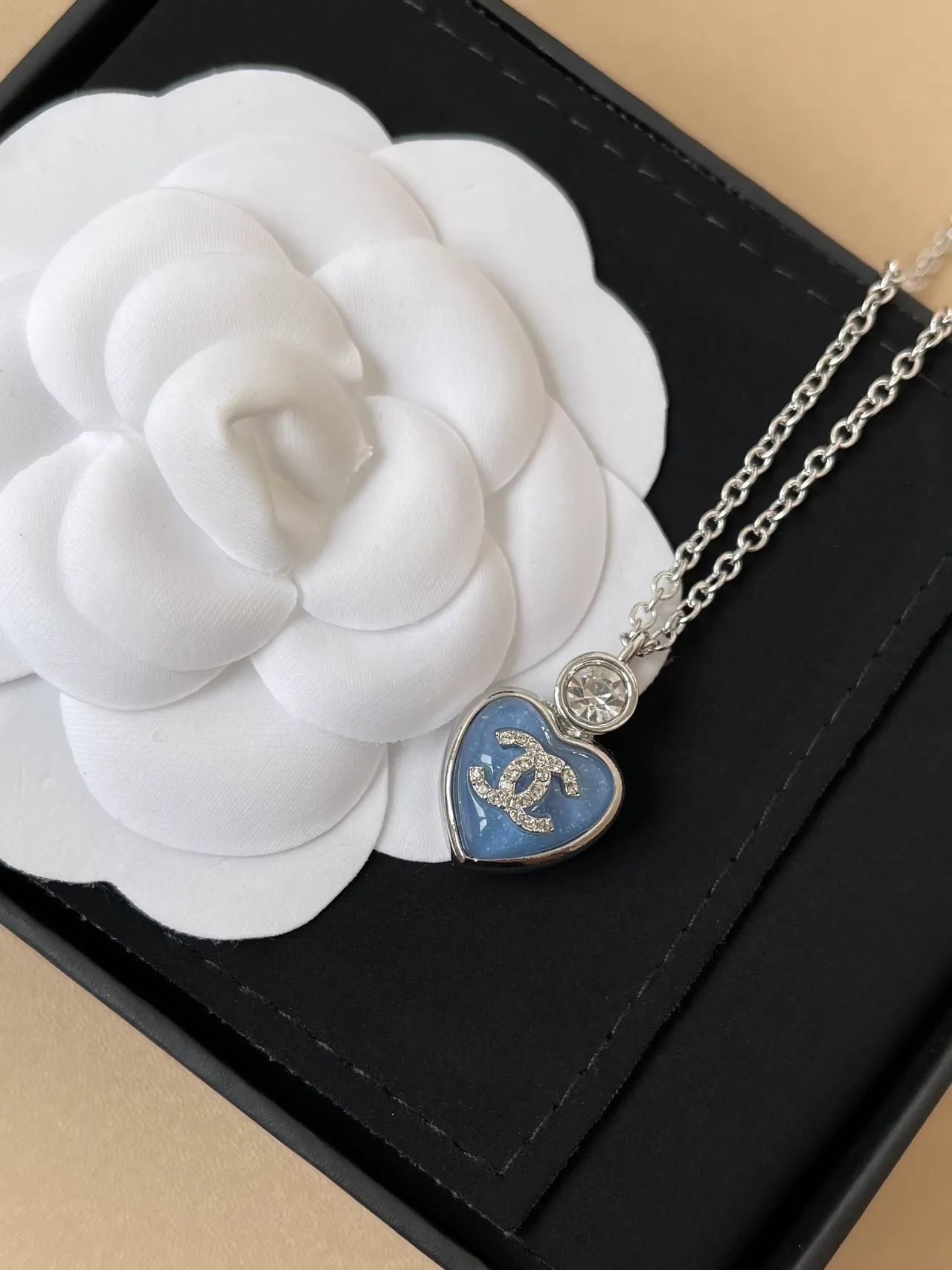 Chanel Blue Silver Heart-Shaped Pendant Enamel Finish Necklace 6