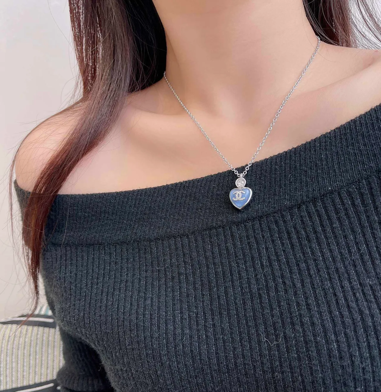 Chanel Blue Silver Heart-Shaped Pendant Enamel Finish Necklace 8