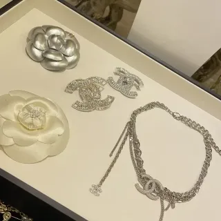 Chanel Camellia and CC Logo Collection Silver White Metal Crystal-Embellished Brooch
