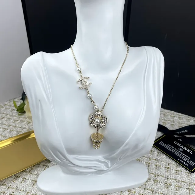 Chanel Camellia CC Long Necklace White Silver Pearl Strand Crystal-Encrusted Necklace 2