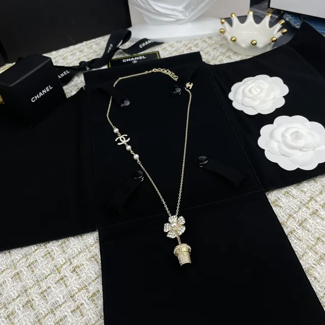 Chanel Camellia CC Long Necklace White Silver Pearl Strand Crystal-Encrusted Necklace 3