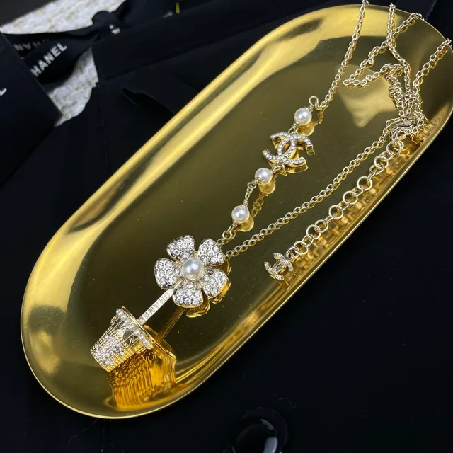 Chanel Camellia CC Long Necklace White Silver Pearl Strand Crystal-Encrusted Necklace 4
