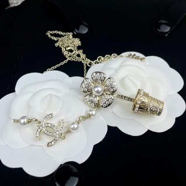 Chanel Camellia CC Long Necklace White Silver Pearl Strand Crystal-Encrusted Necklace 6