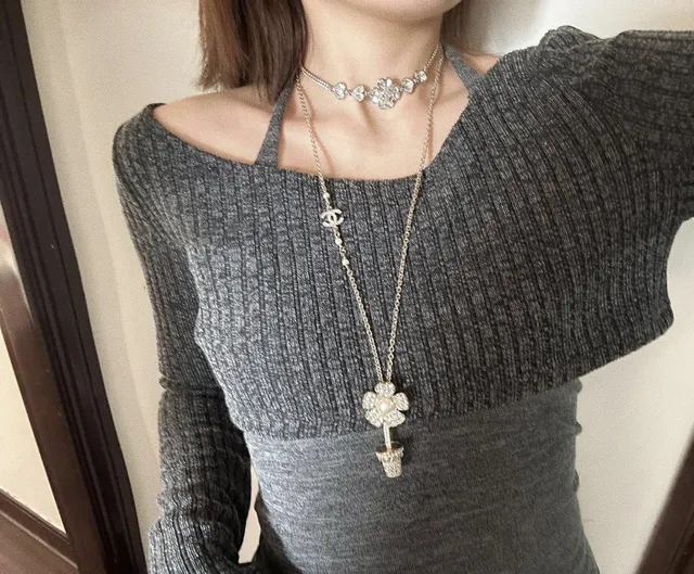 Chanel Camellia CC Long Necklace White Silver Pearl Strand Crystal-Encrusted Necklace 7
