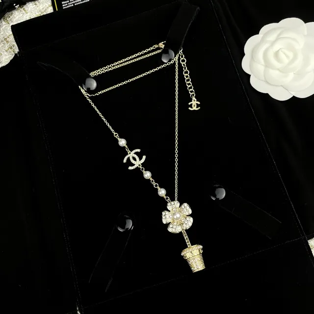 Chanel Camellia CC Long Necklace White Silver Pearl Strand Crystal-Encrusted Necklace 8