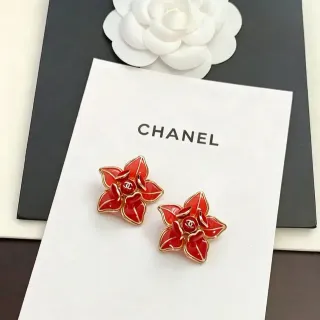 Chanel Camellia 茶花 红色搪瓷 金色耳钉