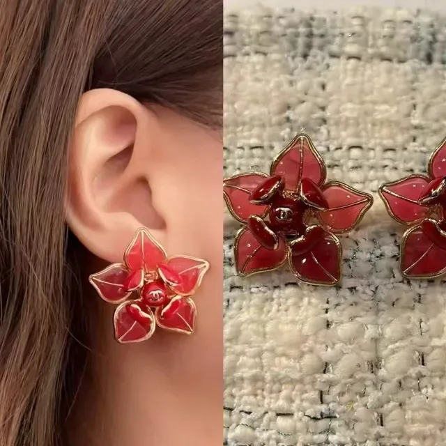 Chanel Camellia Floral Red Enamel and Gold-Tone Stud Earrings 2