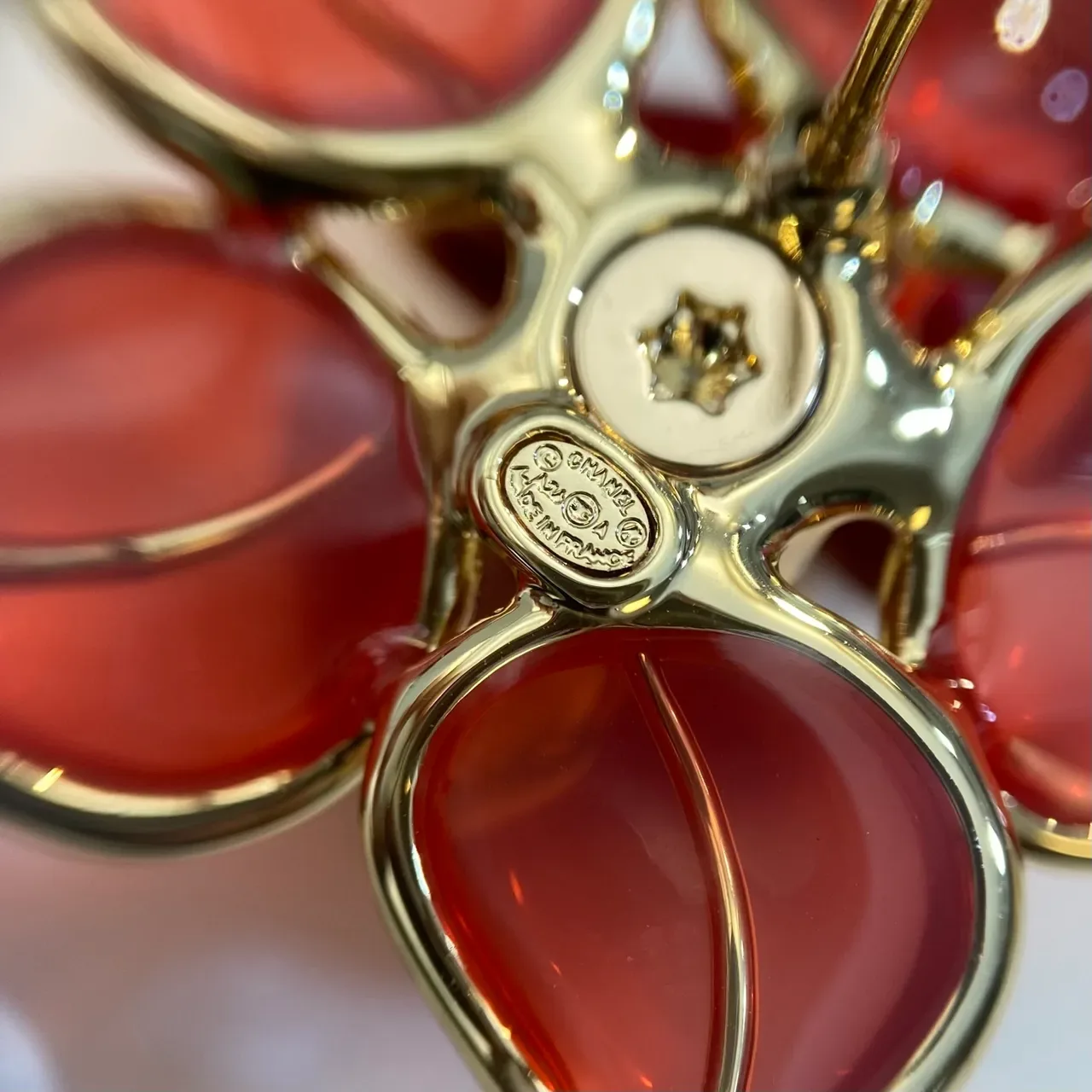 Chanel Camellia Floral Red Enamel and Gold-Tone Stud Earrings 3