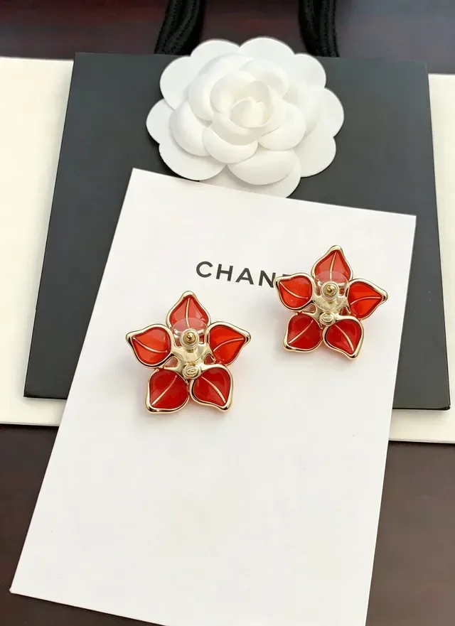 Chanel Camellia Floral Red Enamel and Gold-Tone Stud Earrings 4
