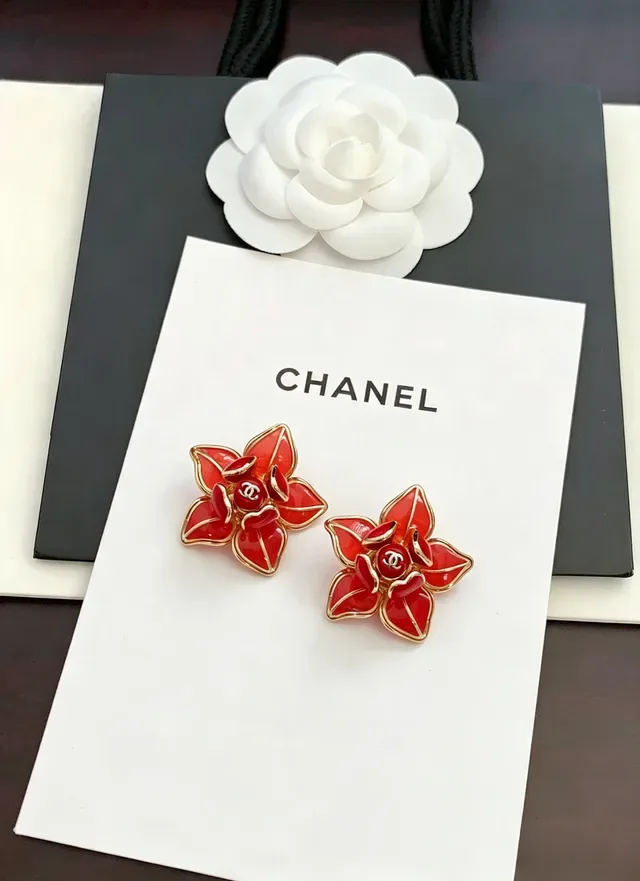 Chanel Camellia Floral Red Enamel and Gold-Tone Stud Earrings 6