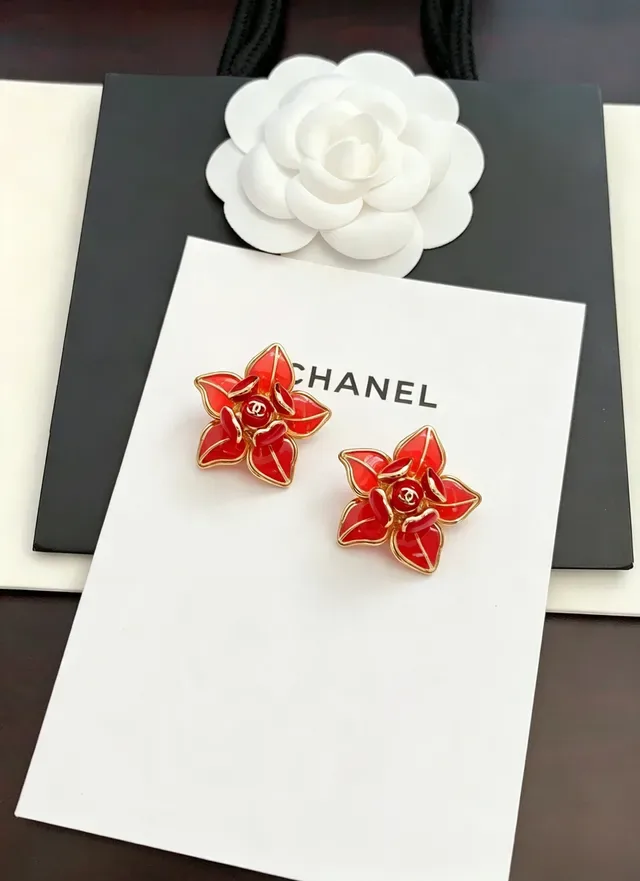 Chanel Camellia Floral Red Enamel and Gold-Tone Stud Earrings 7