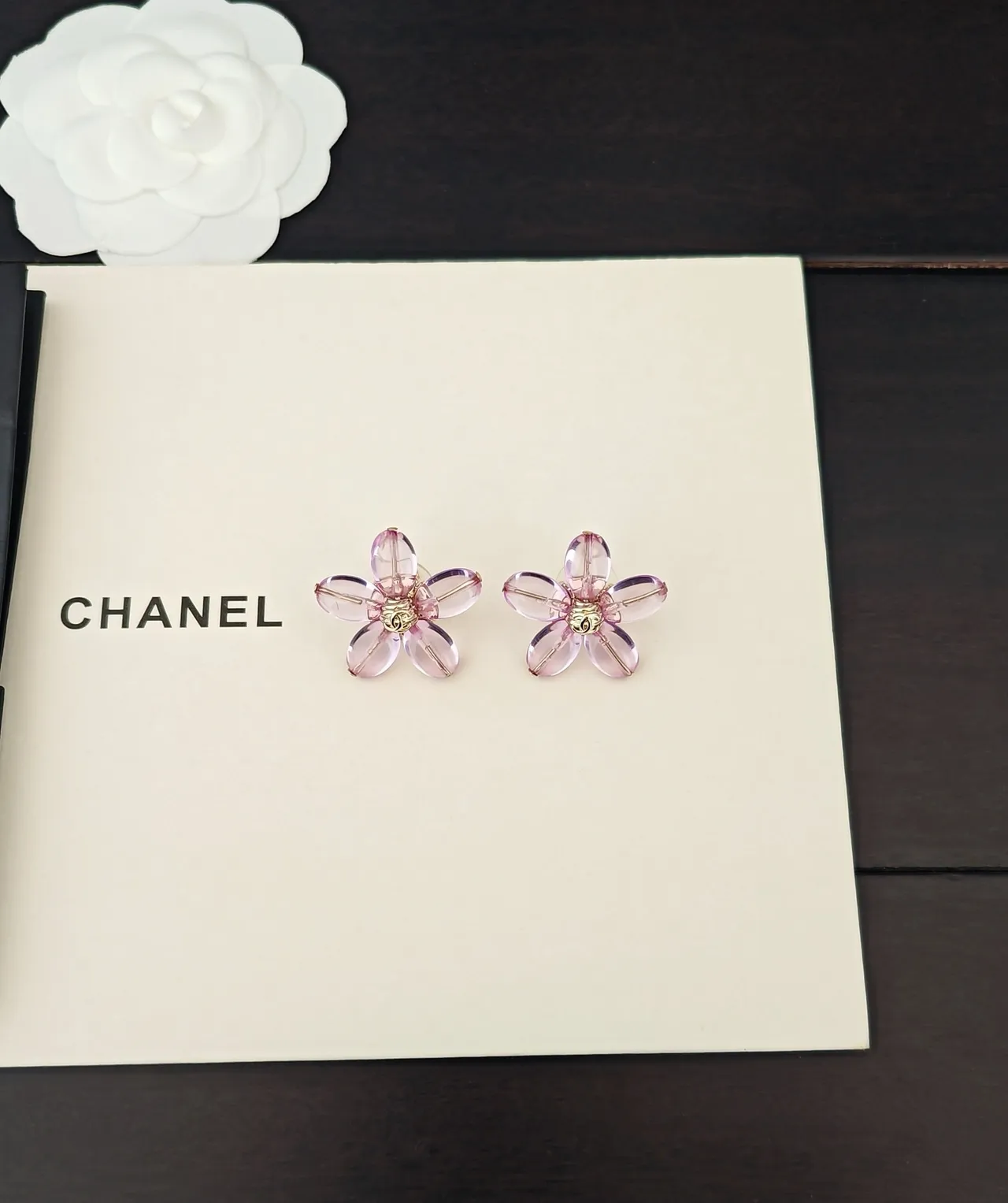 Chanel Camellia Floral Translucent Pink Gold-Tone Earrings 2