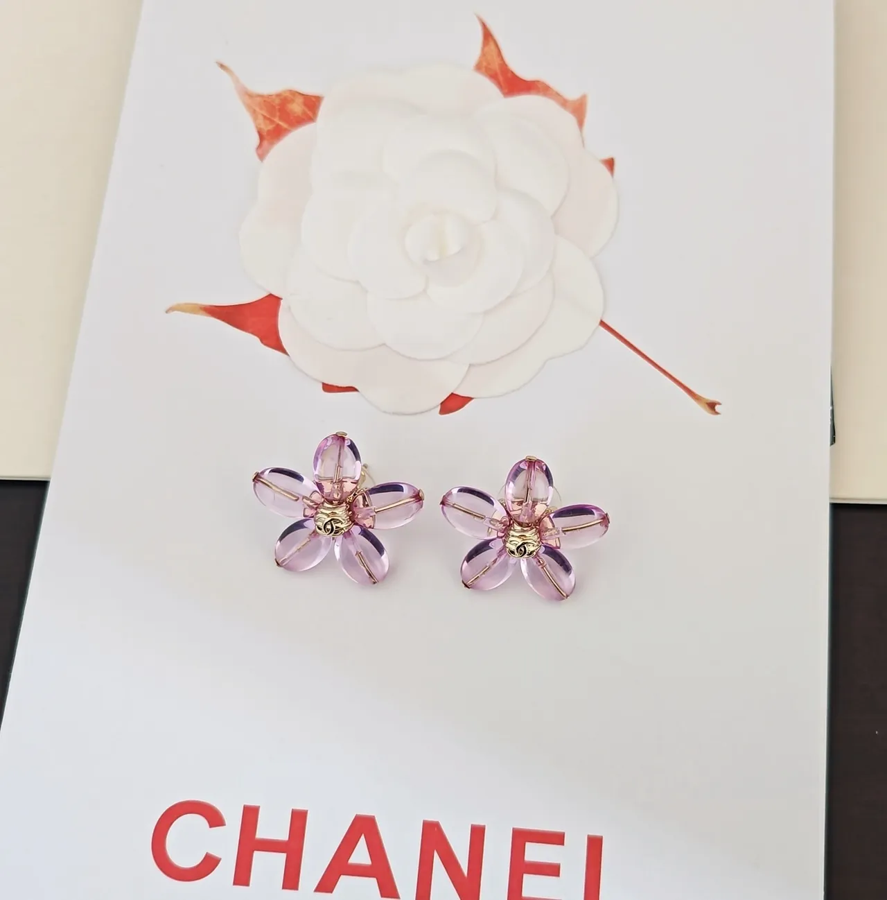 Chanel Camellia Floral Translucent Pink Gold-Tone Earrings 3