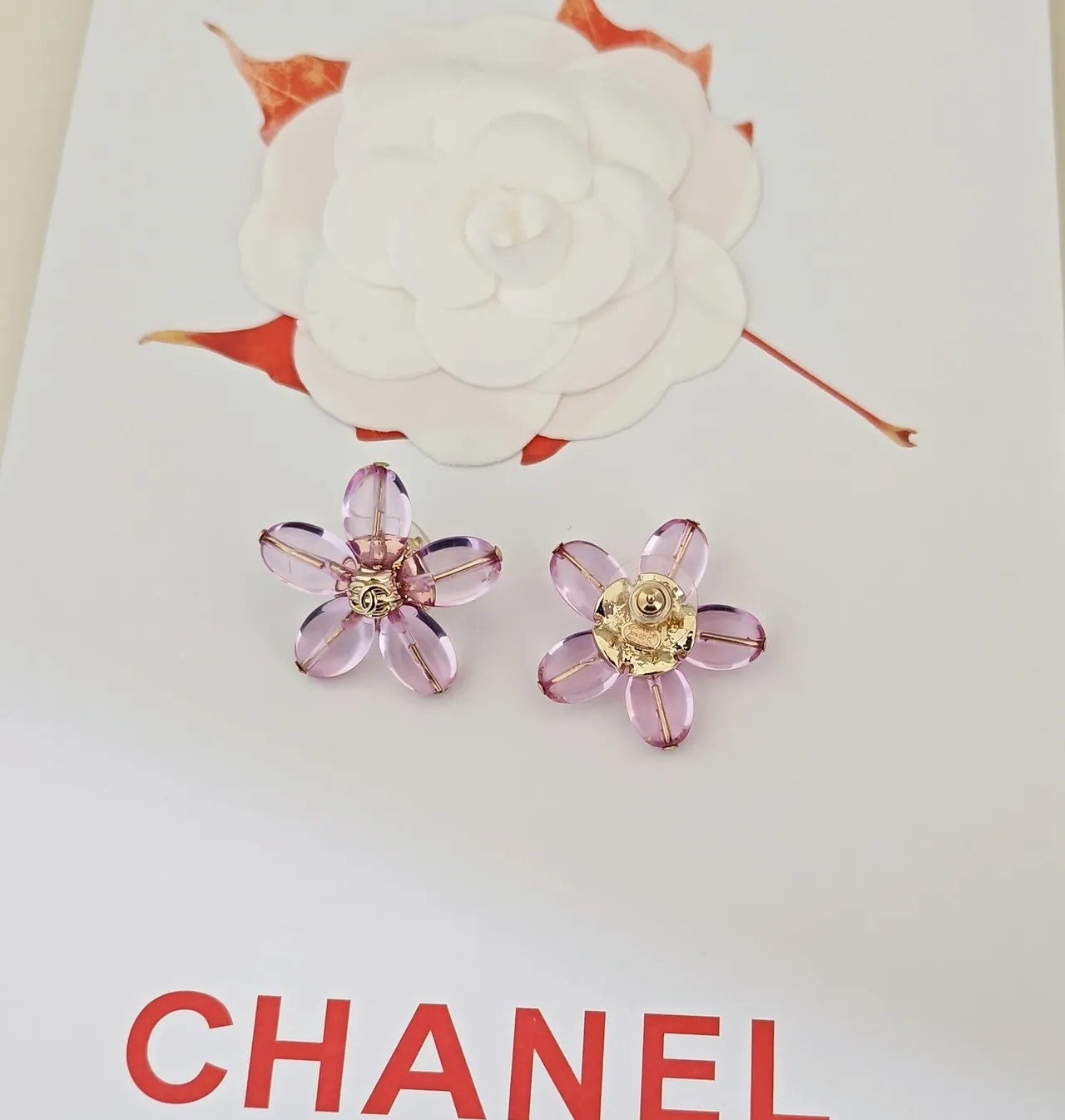 Chanel Camellia Floral Translucent Pink Gold-Tone Earrings 4