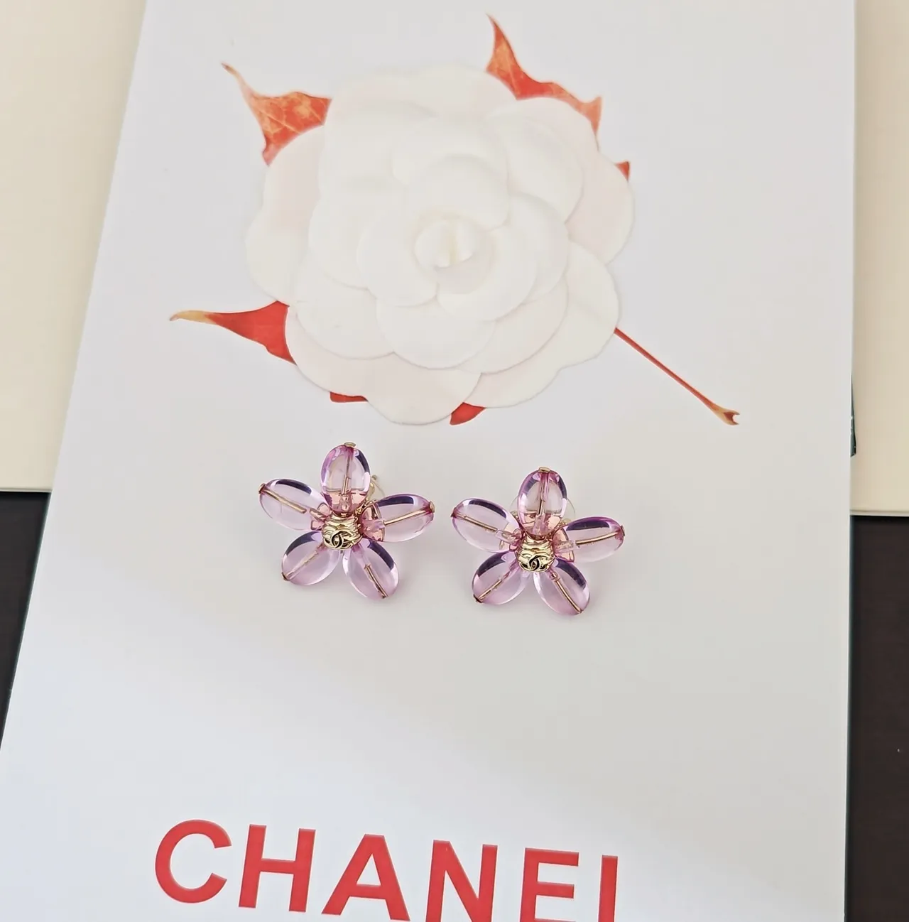Chanel Camellia Floral Translucent Pink Gold-Tone Earrings 5