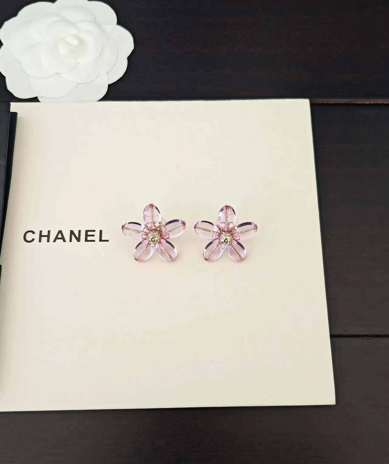 Chanel Camellia Floral Translucent Pink Gold-Tone Earrings 6