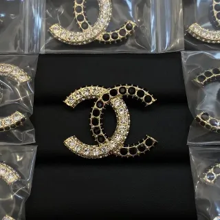 Chanel CC Brooch Gold-Tone Crystal and Black Stone Brooches