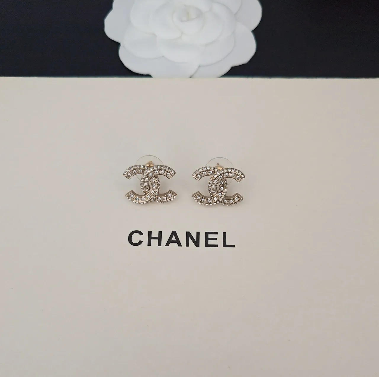 Chanel CC Crystal-Pavé Gold-Tone Stud Earrings 4