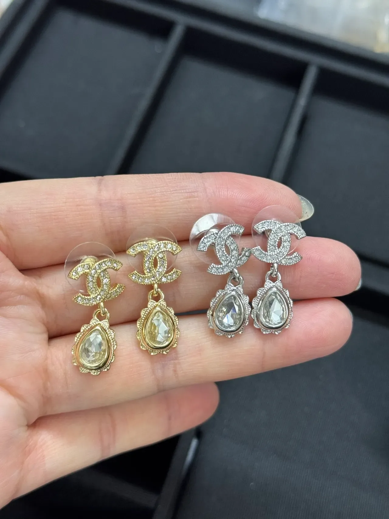Chanel CC Drop Gold Silver Interlocking Logo Teardrop Crystal Pendant Earrings 2