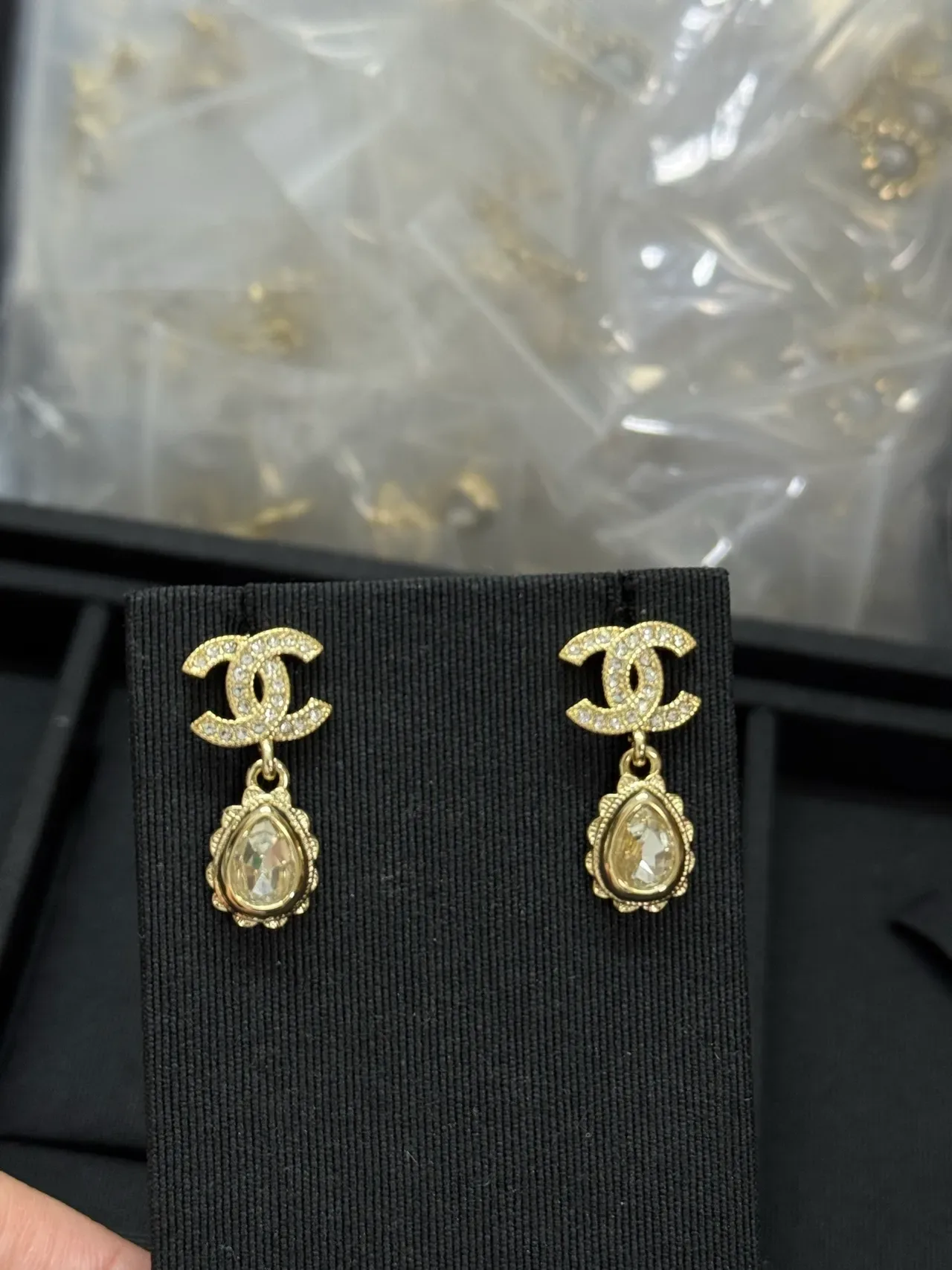 Chanel CC Drop Gold Silver Interlocking Logo Teardrop Crystal Pendant Earrings 3