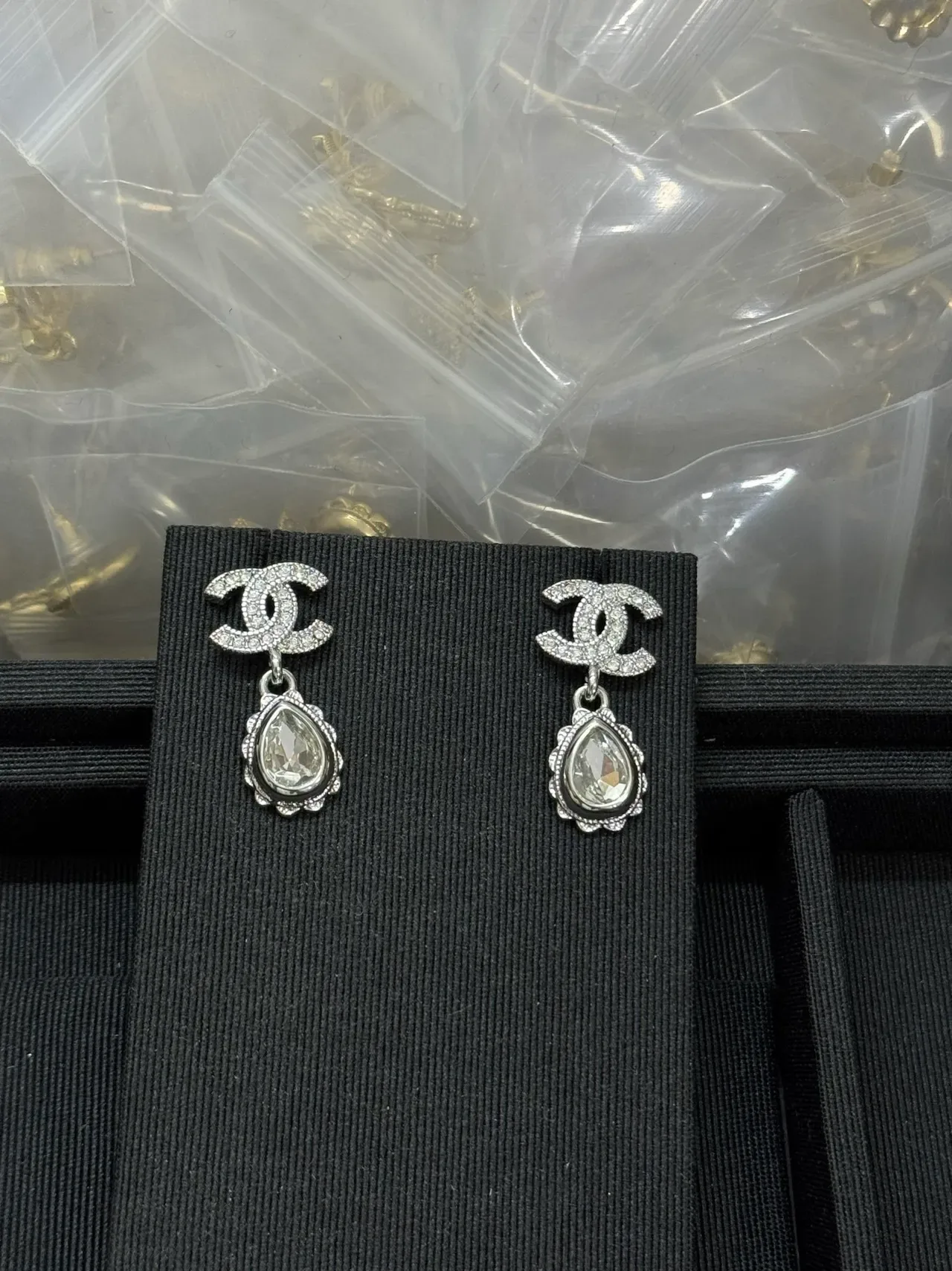 Chanel CC Drop Gold Silver Interlocking Logo Teardrop Crystal Pendant Earrings 4