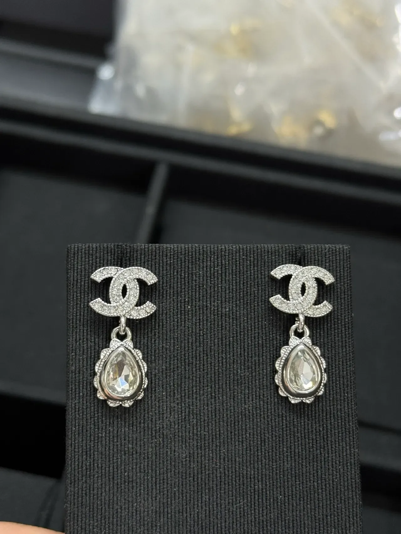Chanel CC Drop Gold Silver Interlocking Logo Teardrop Crystal Pendant Earrings 5