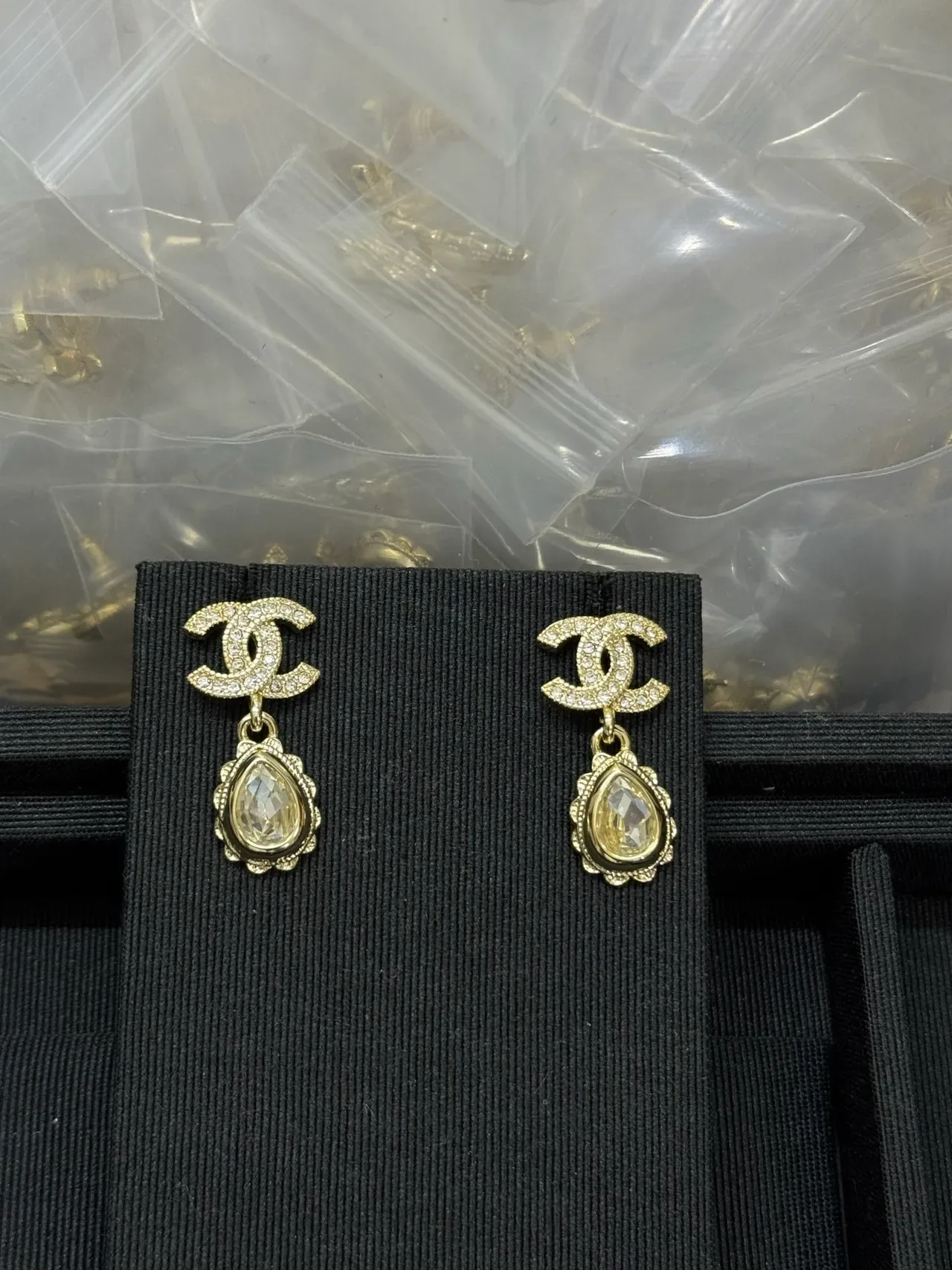 Chanel CC Drop Gold Silver Interlocking Logo Teardrop Crystal Pendant Earrings 6