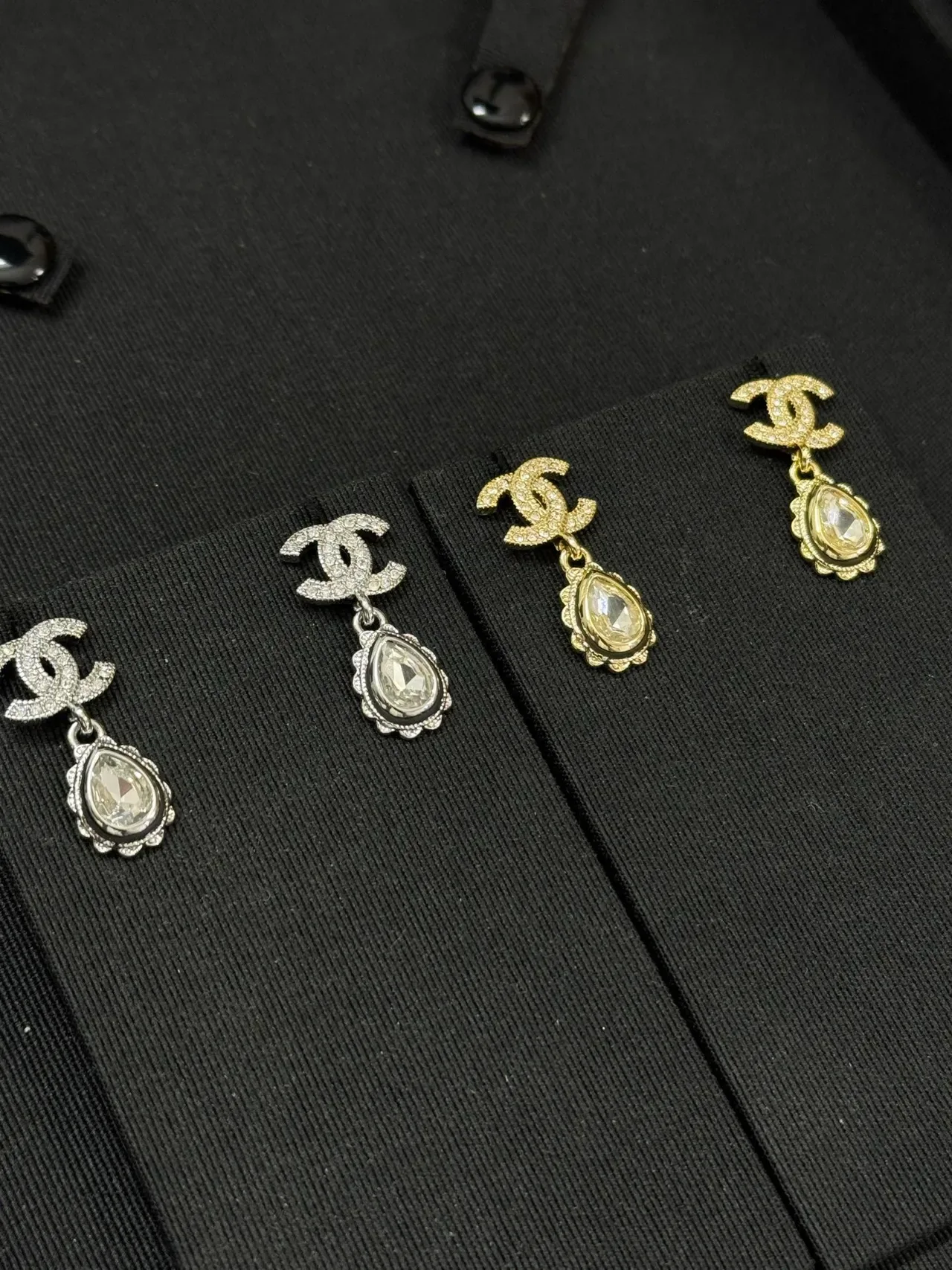 Chanel CC Drop Gold Silver Interlocking Logo Teardrop Crystal Pendant Earrings 8