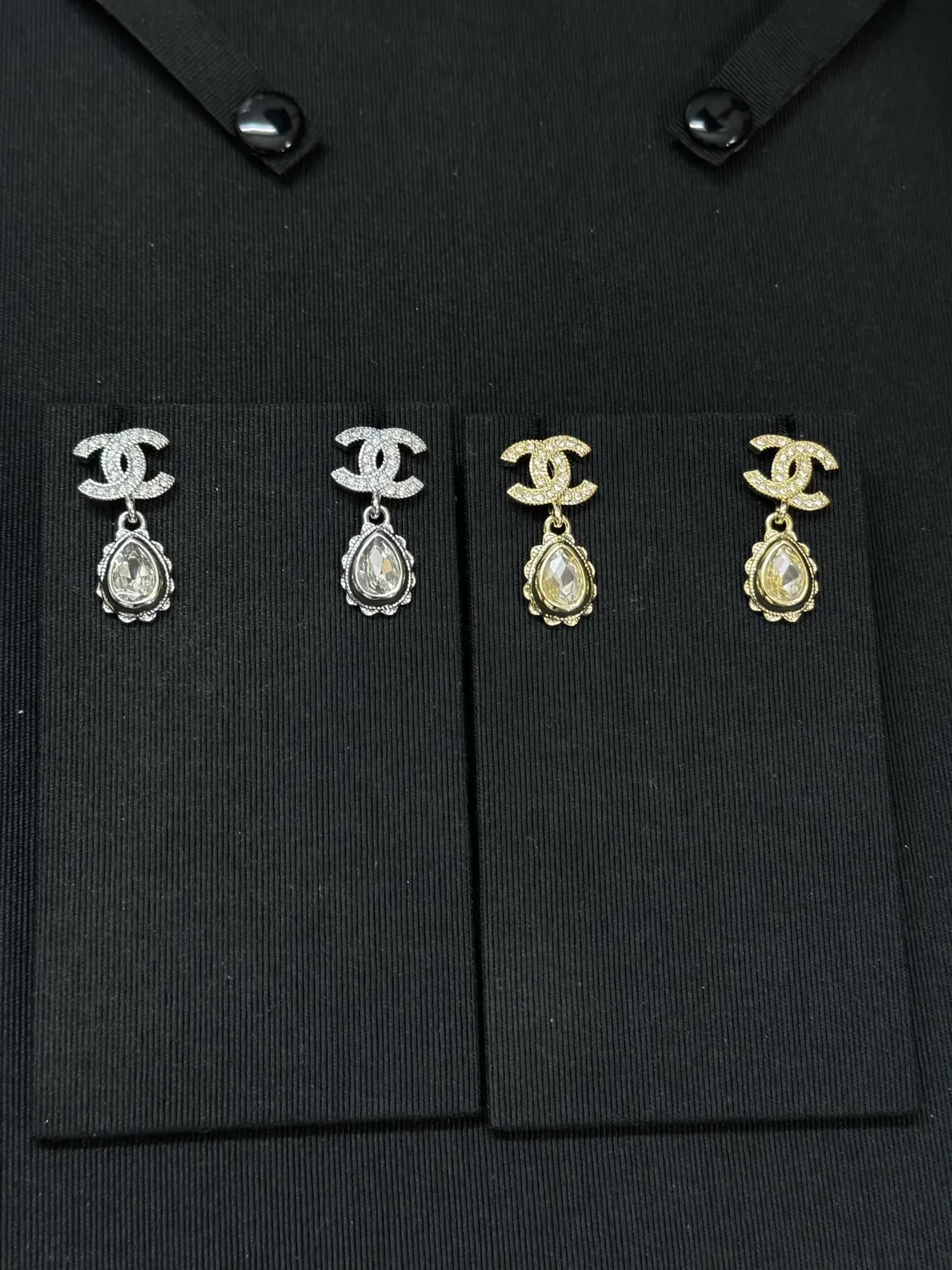 Chanel CC Drop Gold Silver Interlocking Logo Teardrop Crystal Pendant Earrings 9