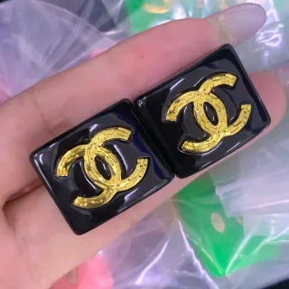 Chanel CC Enamel Black and Gold Rectangular Earrings