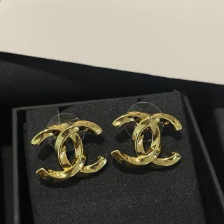 Chanel CC Gold Black Interlocking Logo Polished Earrings