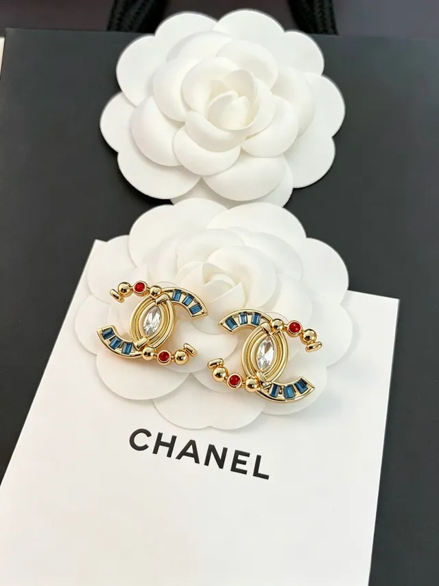 Chanel CC Gold Multicolor Interlocking Marquise Crystal Center Earrings 1