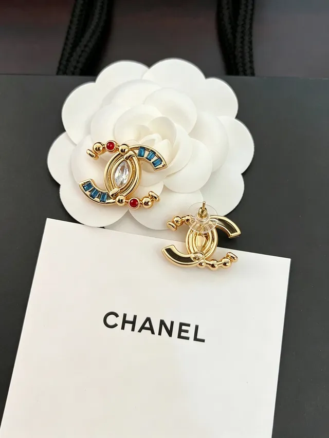 Chanel CC Gold Multicolor Interlocking Marquise Crystal Center Earrings 2