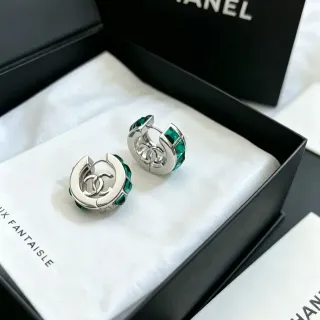 Chanel CC Hoop Green Silver Hinged Logo Earrings